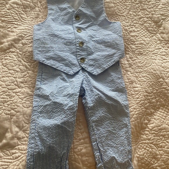 Janie and Jack EUC 24m / 2t blue seersucker set pants vest tie Easter spring - Picture 2 of 4
